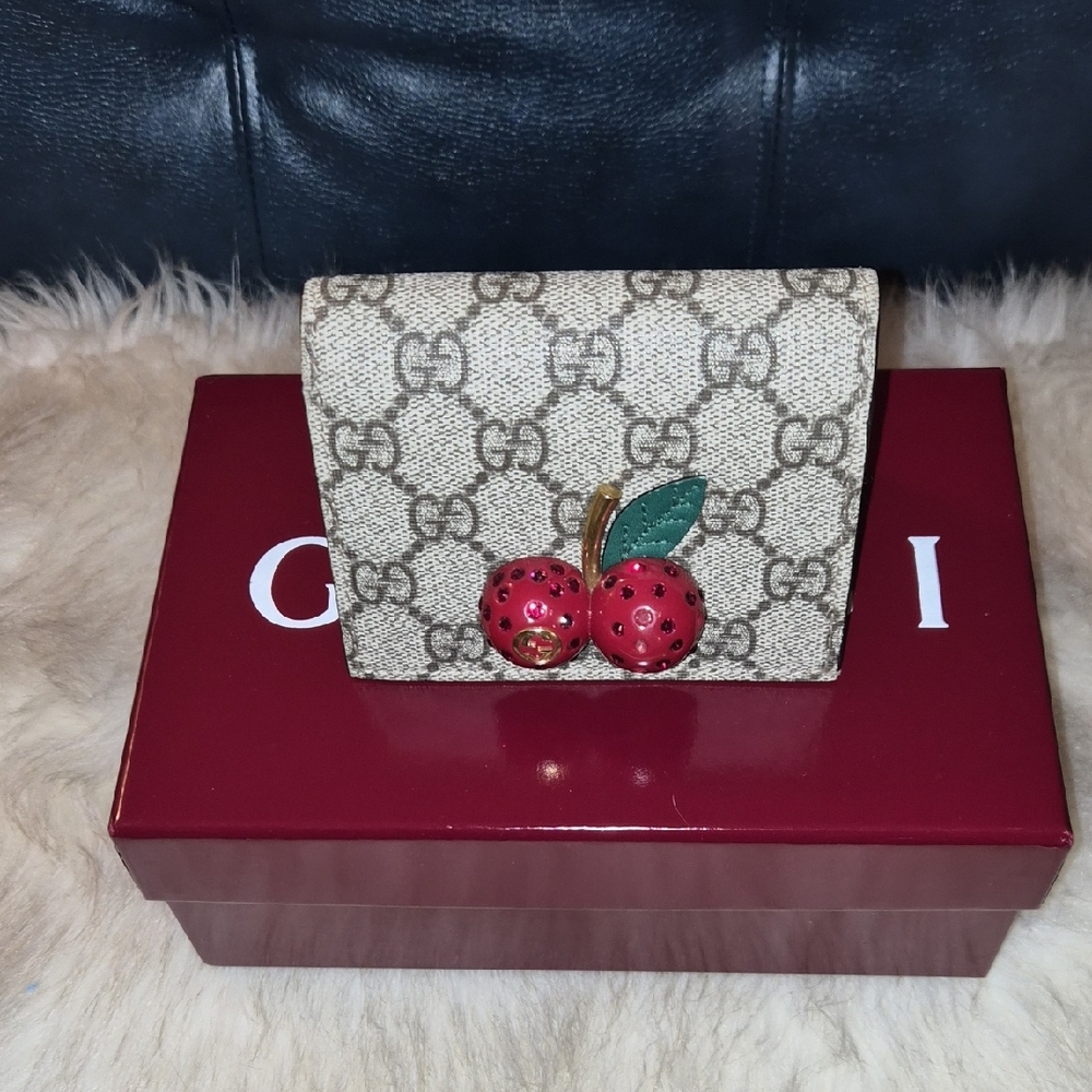 Gucci Beige GG Wallet with Red Cherry Detail